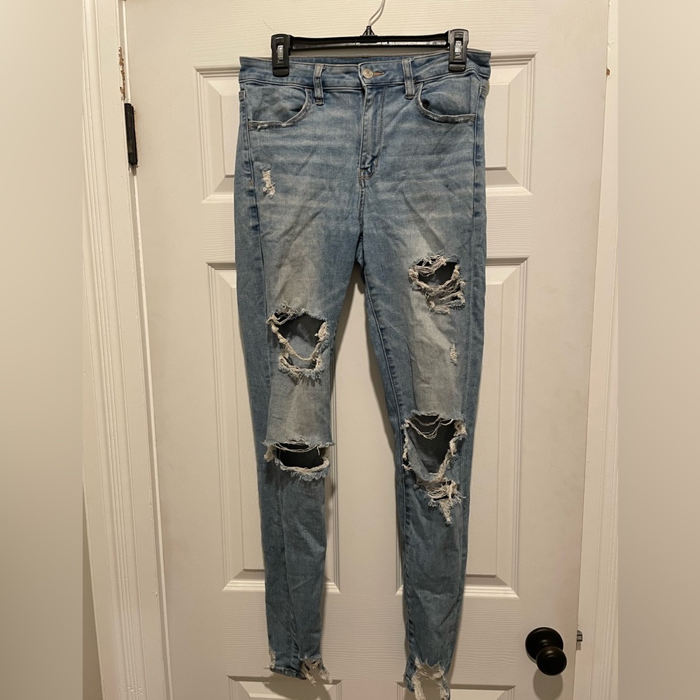 American Eagle Outfitters Light Blue Distressed Skinny Jeans 10 x-long